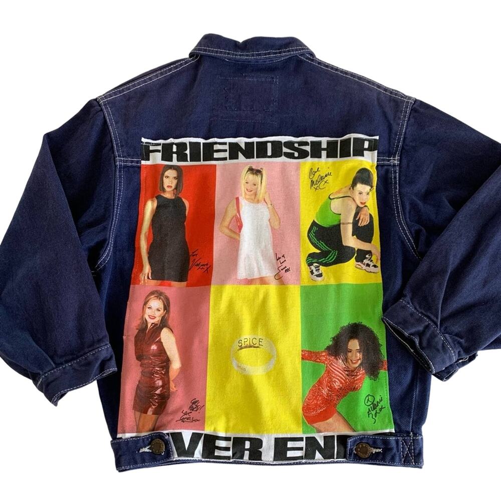 Reworked Apparel Spice Girls Graphic Custom Denim Jacket Juniors Large Upcycled - Picture 3 of 11